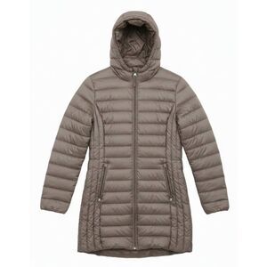 Womens large taupe brown mocha down jacket packable hoodie adventure coat tan